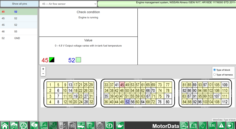Brochage du capteur MAF Nissan dans MotorData PinData avec bornes du connecteur, tensions de signal et conditions de contrôle