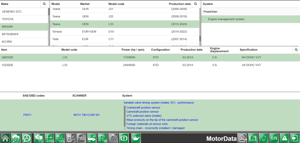 Nissan CVTC solenoid valve diagnostics for P0011 and P0014 cam timing codes