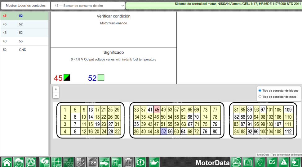 Pinout del sensor MAF Nissan en MotorData PinData con terminales del conector, valores de tensión de señal y condiciones de comprobación