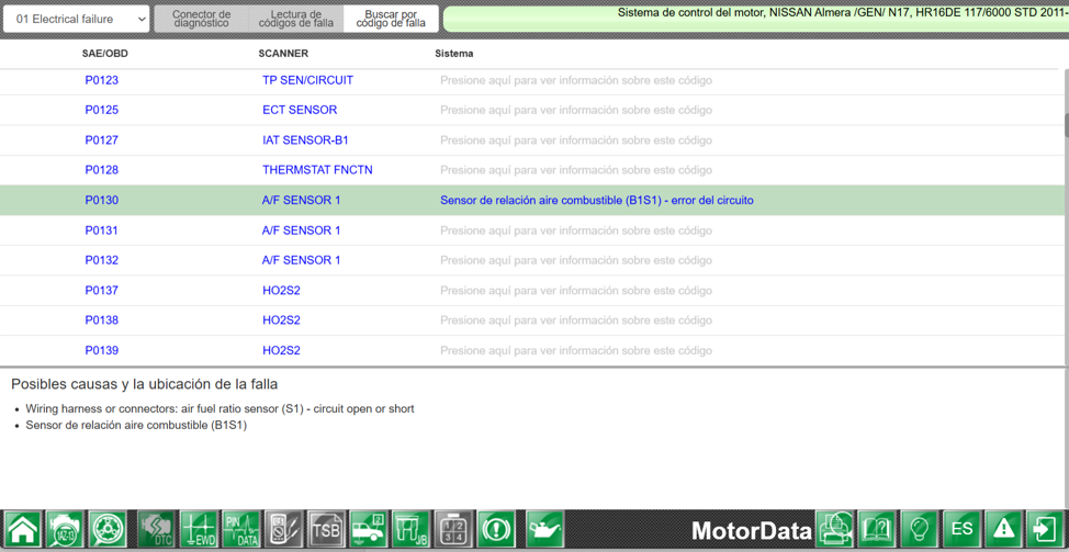 Diagnóstico del sensor de relación aire combustible Nissan para los códigos P0130 P0131 P0132 y P0133